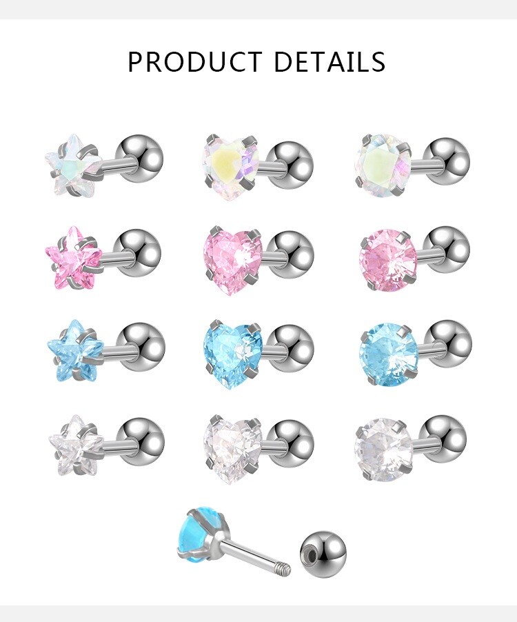 2Pcs Stainless Steel Round Heart CZ Screw Back Silver Stud Earrings Women S15