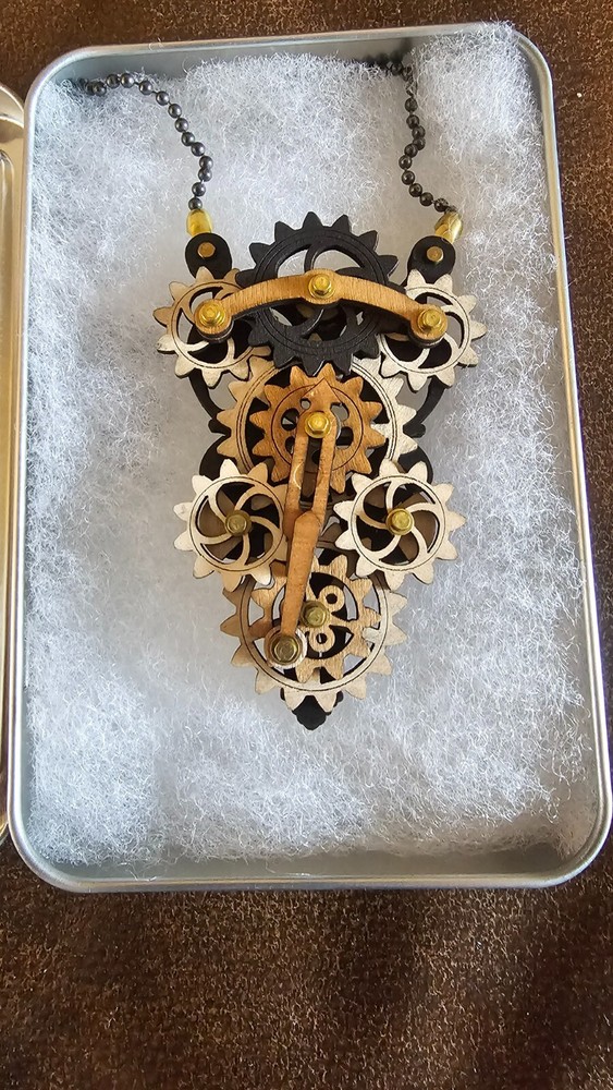 Steampunk Wood Kenetic Piston Gear Pendant necklace. Actually moves!