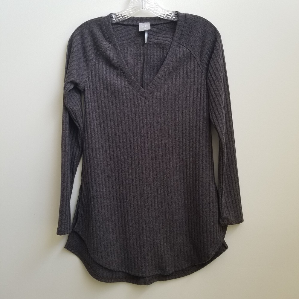 Bobi Gray Heather Rib Knit Lightweight Pullover Sweater Size XSmall Womens VNeck