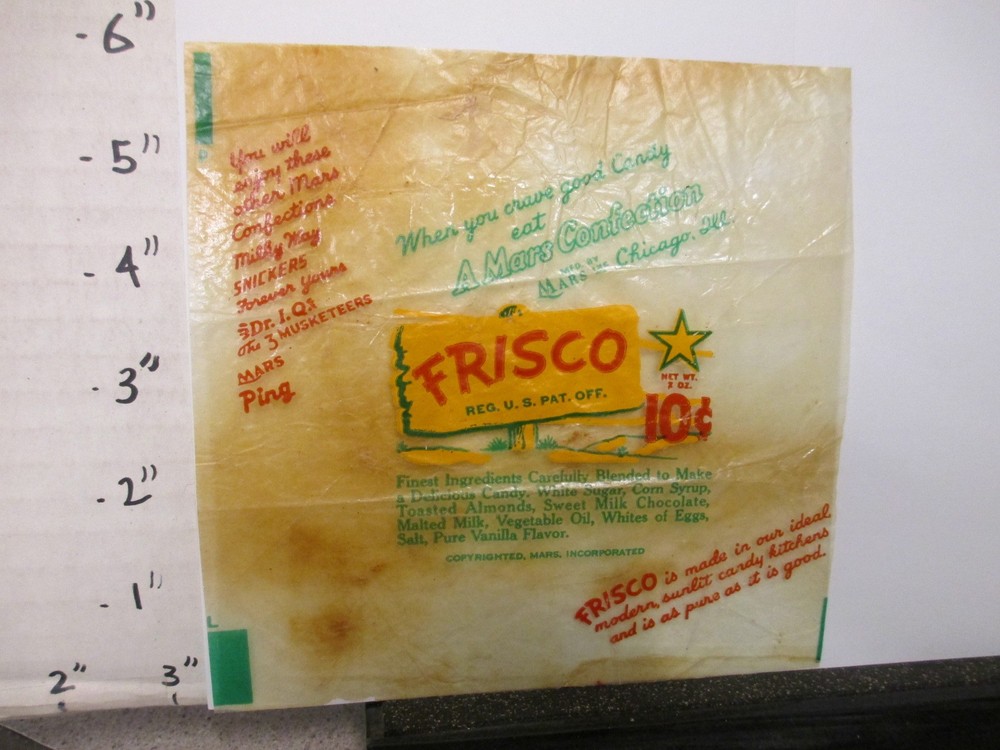 1940s FRISCO Mars 2oz Almond Chocolate Bar Wrapper Vintage 10 Cent Candy