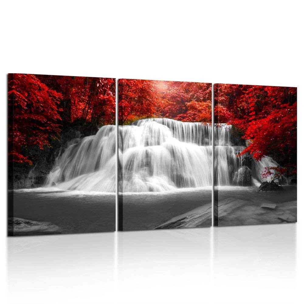KREATIVE ARTS Black White and Red Canvas Wall Art 3 Pieces Red Woods Waterfal...