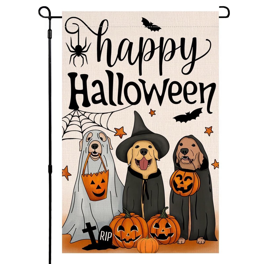 Happy Halloween Dog Pumpkin Garden Flag 12x18 Double Sided for Outside, Golde...