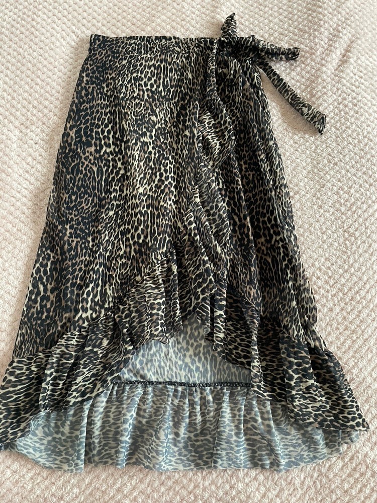 Pieces Leopard print Skirt XS 6 Midi Mesh Ruffle Wrap style skirt 00S y2k Slit