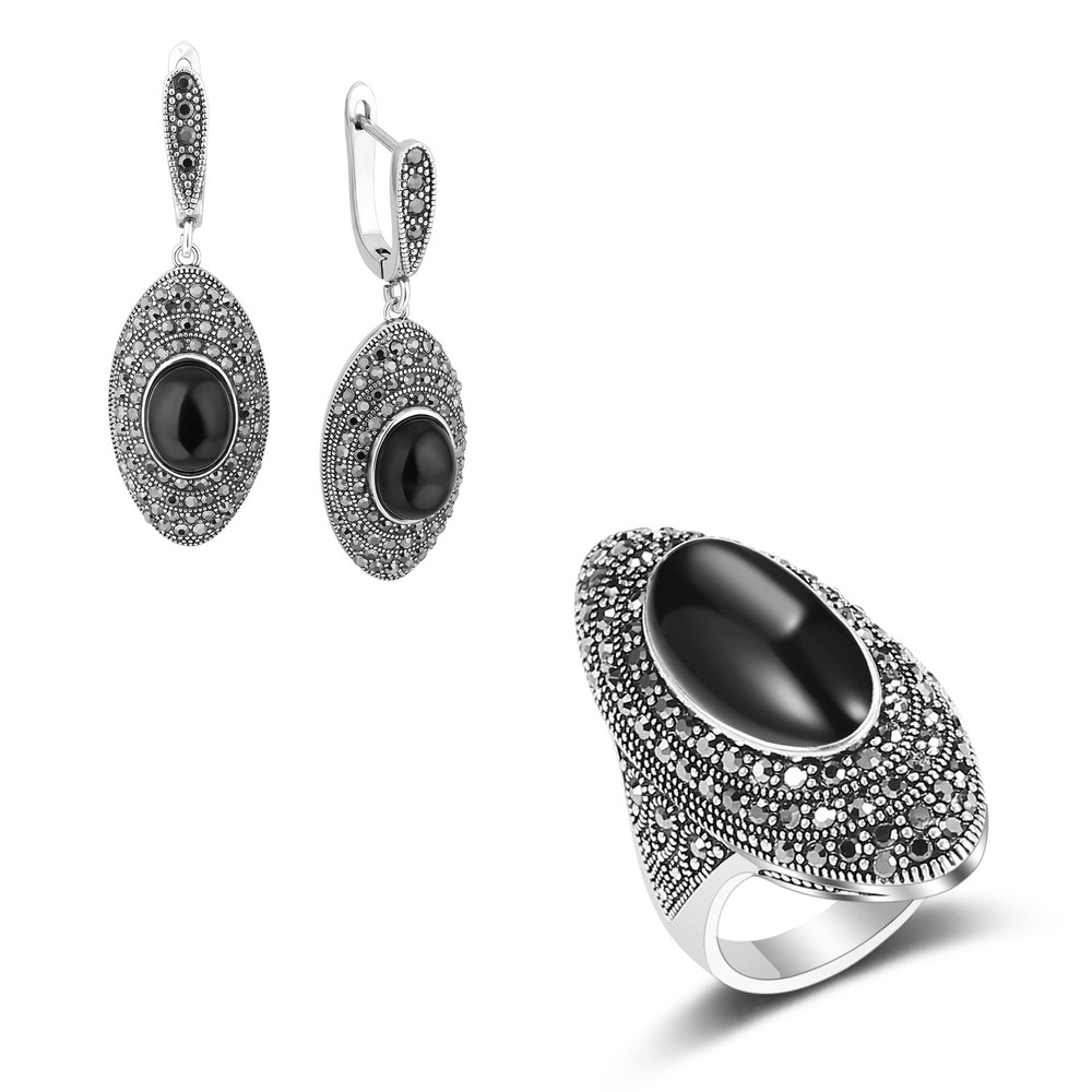 Retro Vintage Black Marcasite Ring Earrings Jewelry Sets for Women Antique Si...