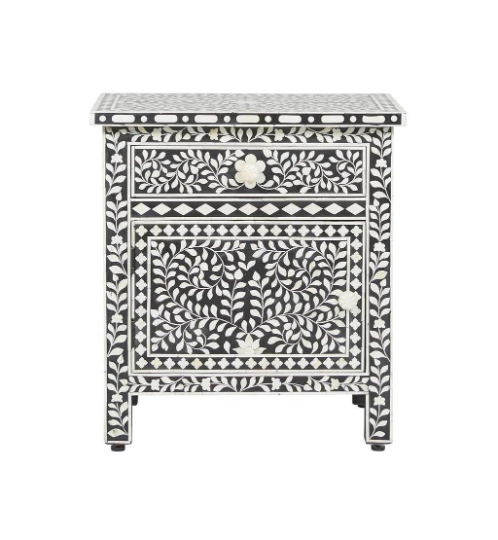 Floral Bone Inlay Nightstand - Personalized Bedside Table for Stylish Home Decor-image