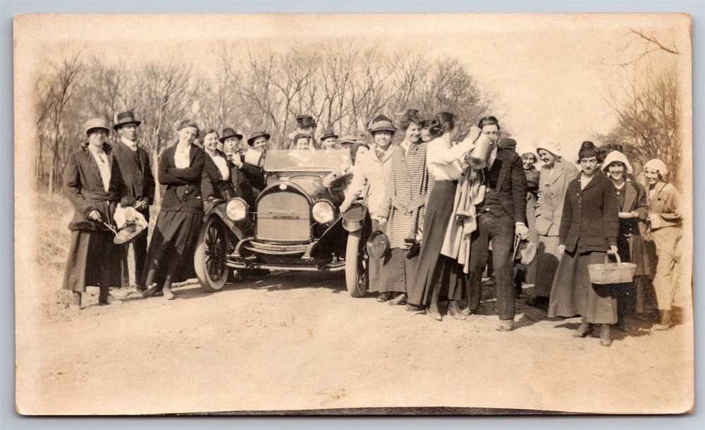 RPPC Group Photo Around The Car Vintage Plain Back Postcard P6