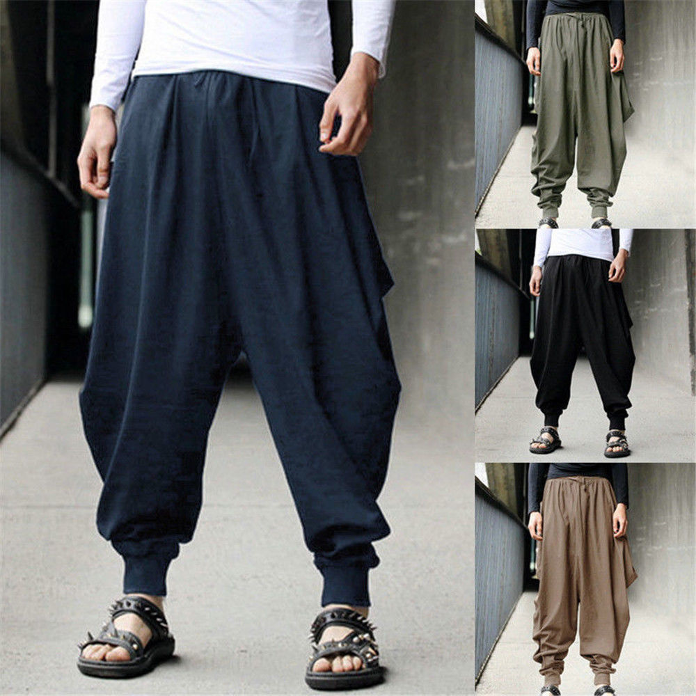 Mens Baggy Casual Harem Japanese Trousers Loose Fit Hippy Hakama Pants Bottom
