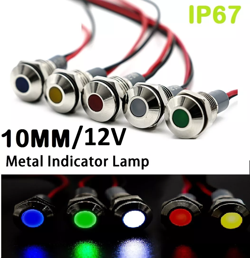 10MM/12V IP67 LED Waterproof Metal Indicator Light Signal Lamp & Wire Indicators
