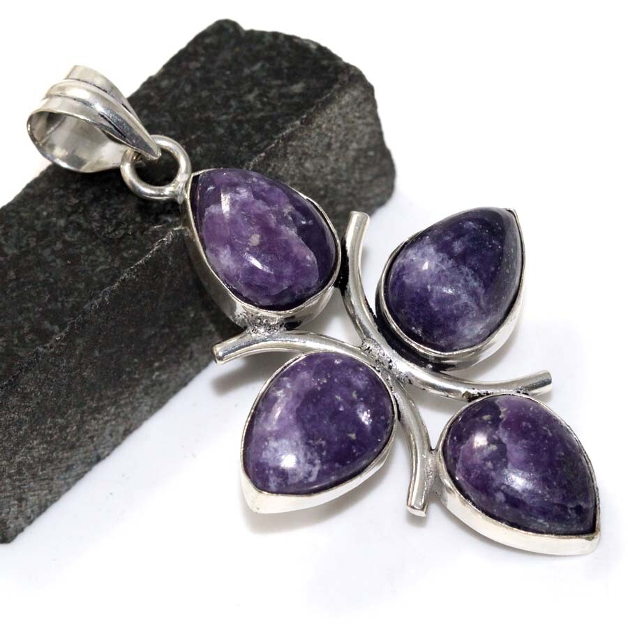 925 Silver Plated Lepidolite Ethnic Large 2.2 Inch Pendant Jewelry JW