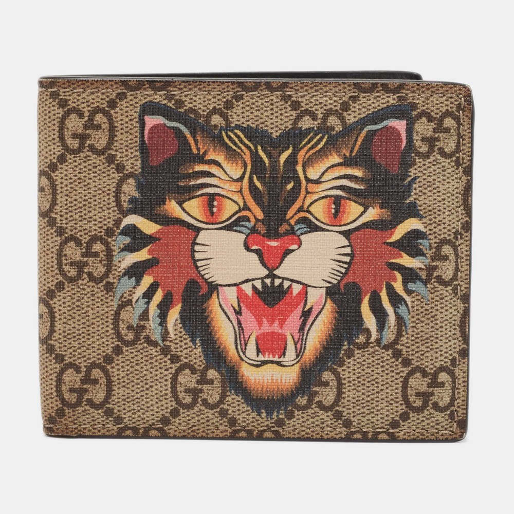 Gucci GG Supreme Canvas Angry Cat Bifold Wallet in Beige