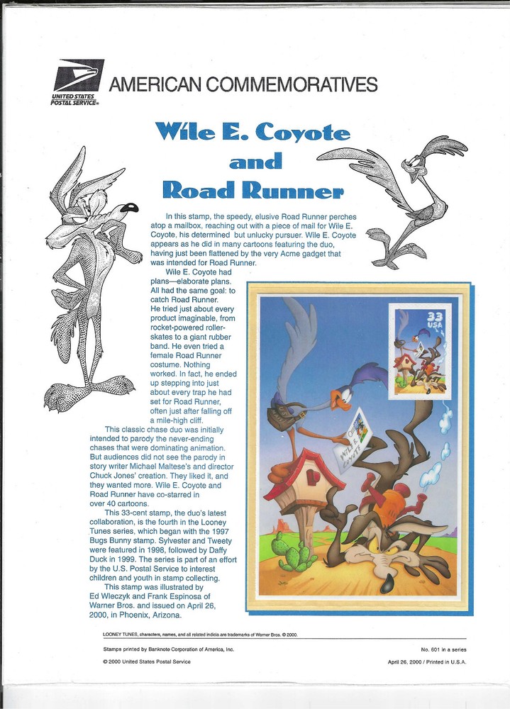 US COMMEMORATIVE PANEL #601 WILE E COYOTE & ROAD RUNNER MNH 33c SINGLE