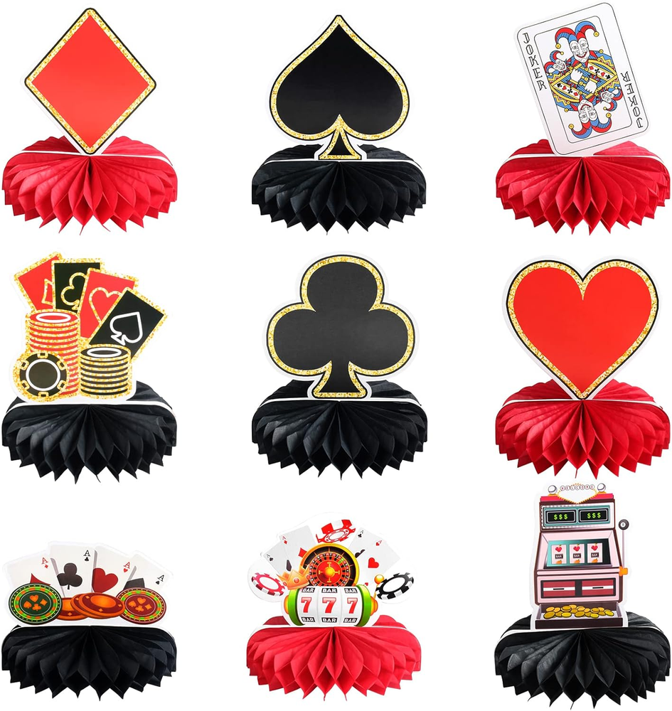9 Pcs Casino Theme Party Decorations, Honeycomb Table Centerpieces with Poker Ca
