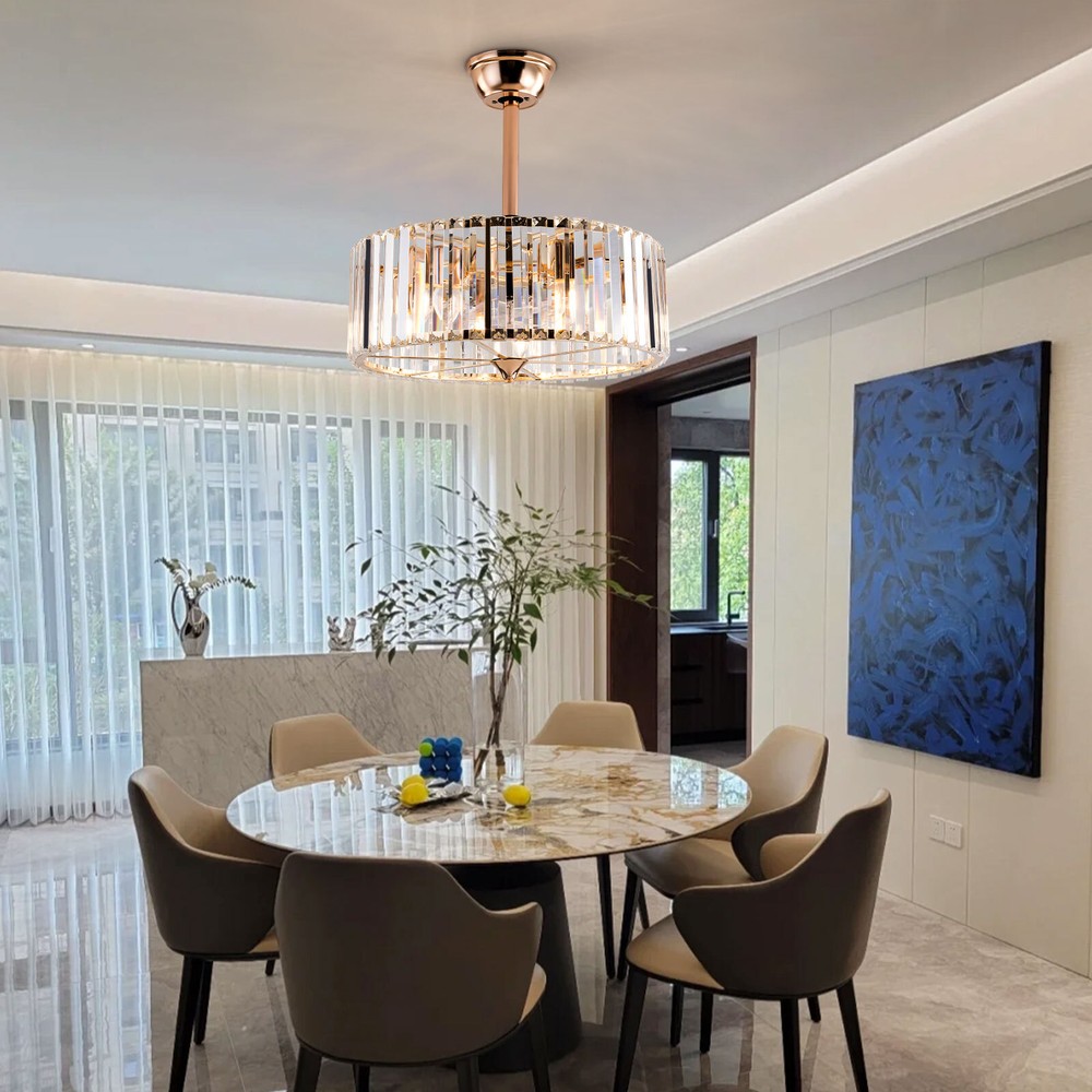 18 Inch Retro Ceiling Fan with Light 6 Speeds Tempered Glass Caged Design  