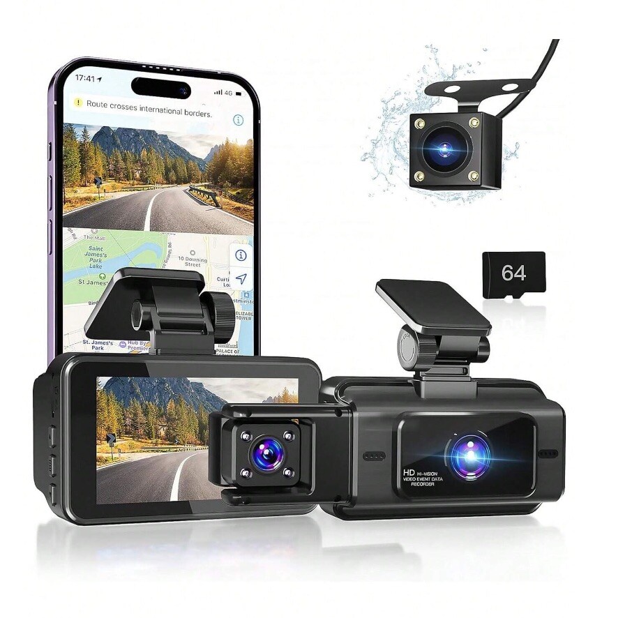 3 Channel Dash Cam Front And Rear 64G SD Card 3'' IPS Screen 170°Wide Angle