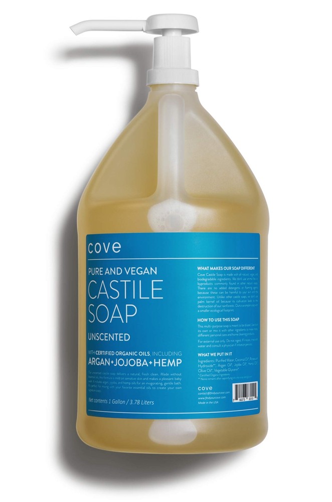 Cove Castile Soap Unscented - 1 Gallon With Pump - Organic Argan, Jojoba, & Hemp