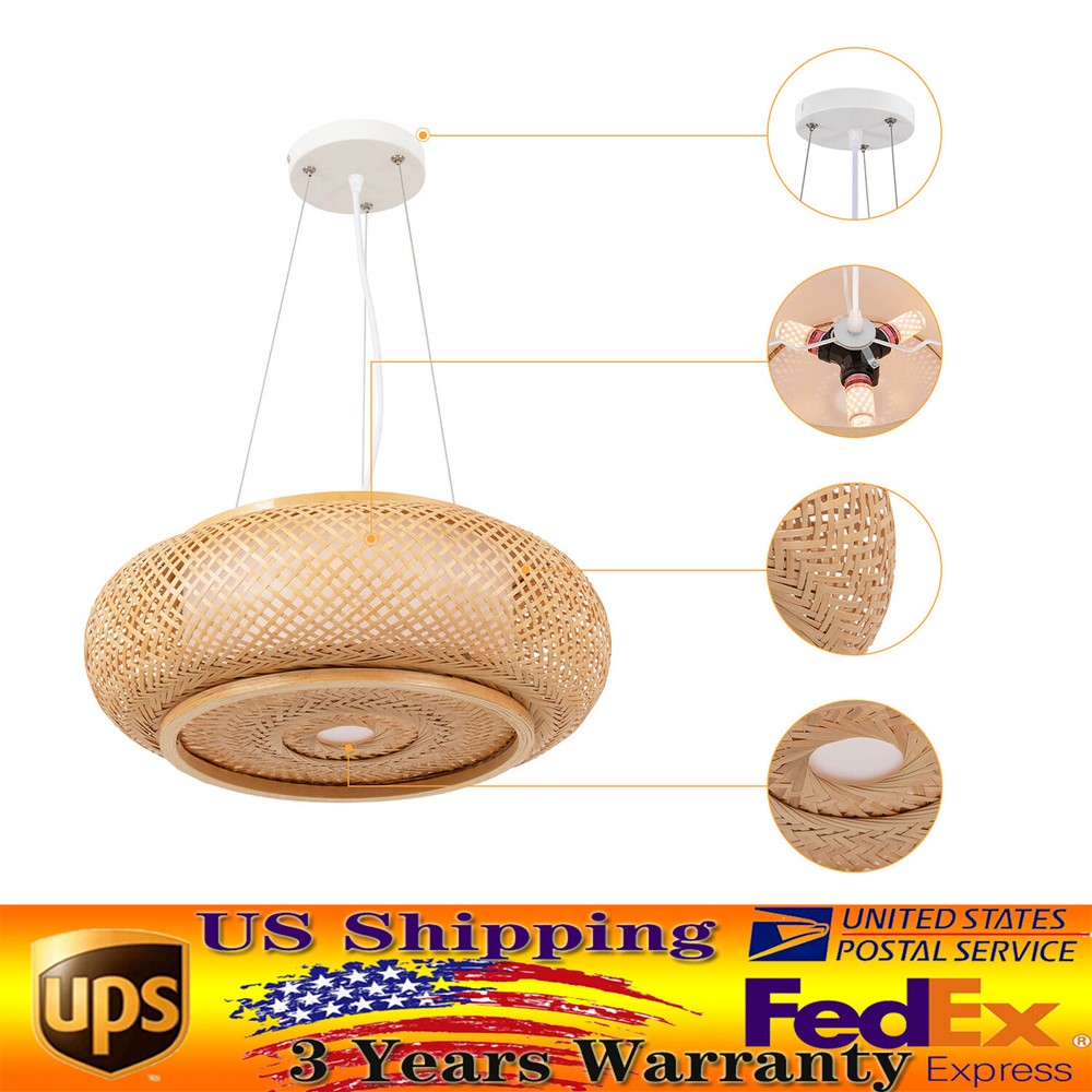 Vintage Ceiling Lamp Fixture Decor Bamboo Rattan Pendant Light Hanging Wicker US