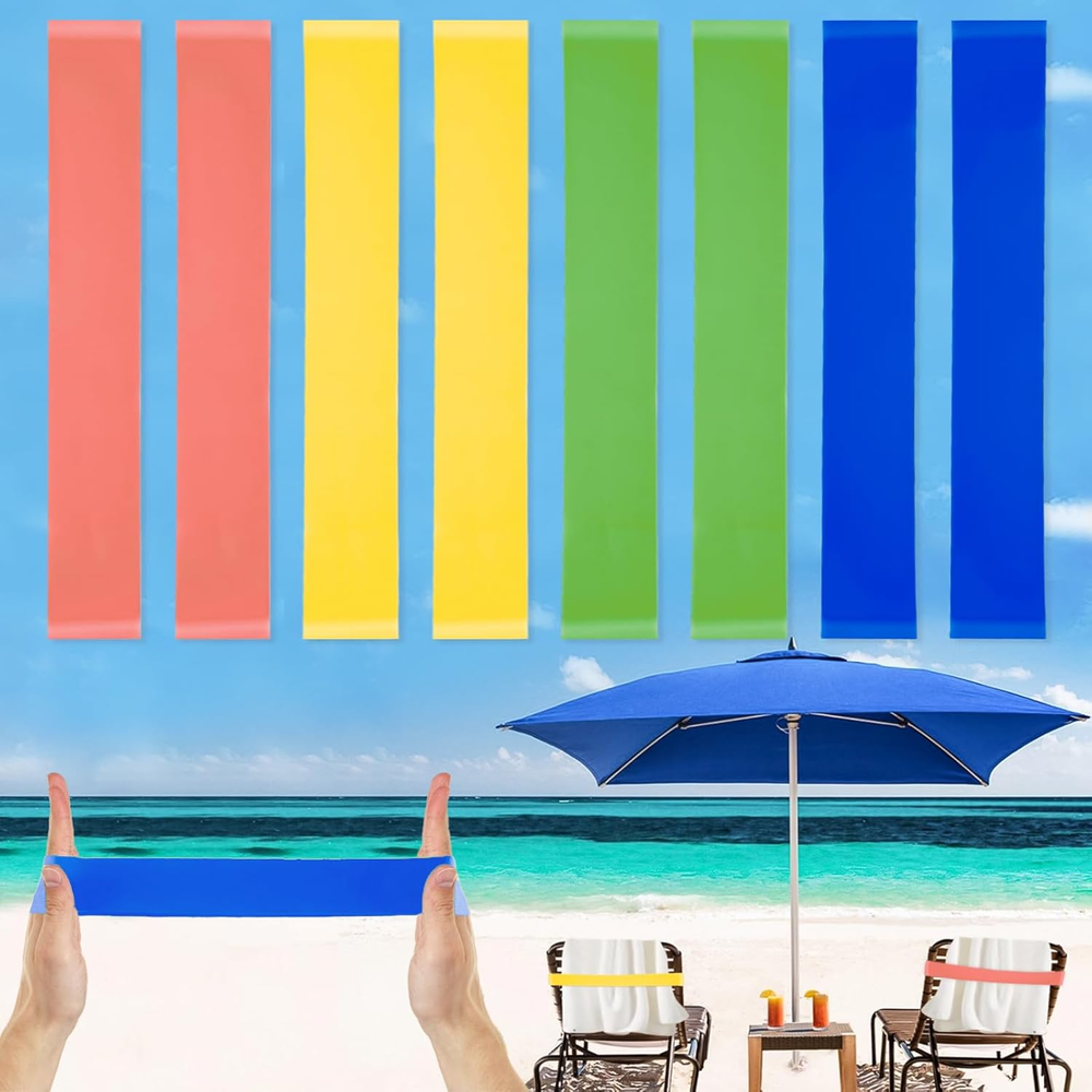 8 Pack Stretch Towel Bands for Cruise Chairs – Beach Clip Alternative, 4 Colors