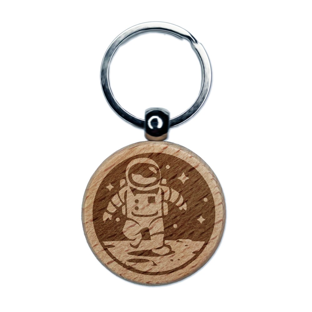 Astronaut In Space on the Moon Engraved Wood Round Keychain Tag Charm