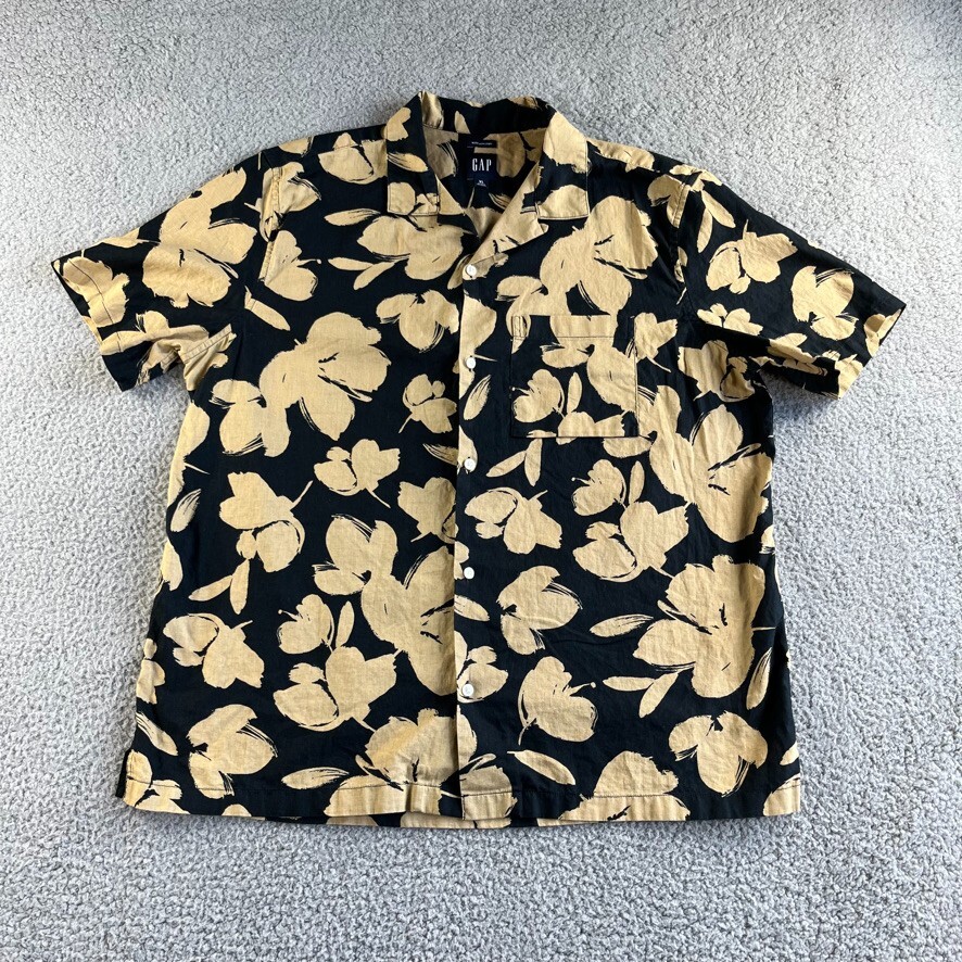 NEW Gap Shirt Mens Extra Large XL Black Beige Hawaiian Floral Linen Cotton Camp