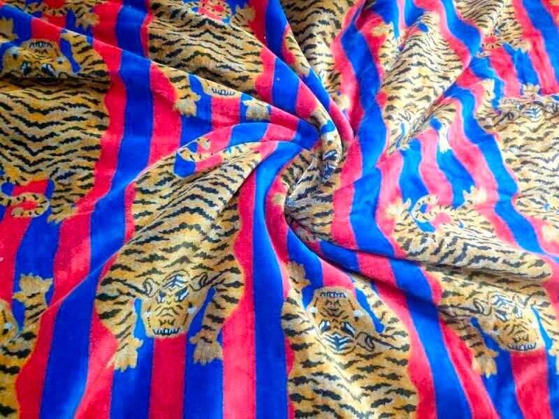 Indian Blue Tiger Print Soft Crushed Velvet Fabric for Dresses & Upholstery