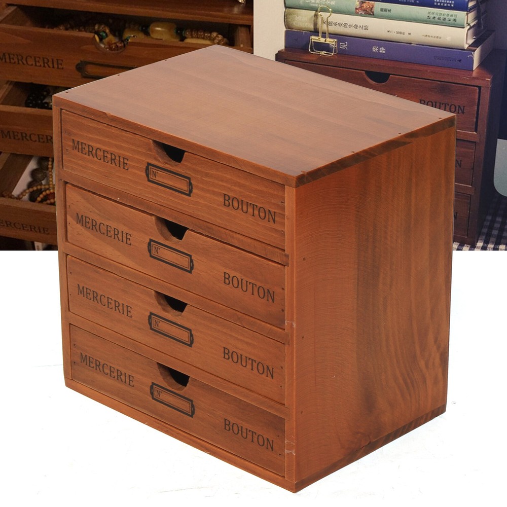 Desktop Jewelry Organizer Vintage Wooden Storage Box with 4 Layers Drawers Case