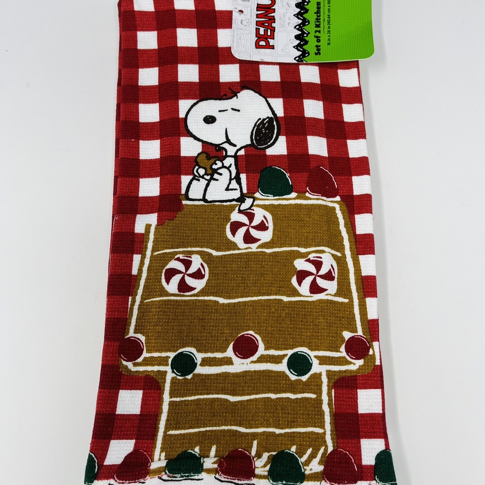 2-Pack Snoopy Christmas Kitchen Towels with Gingerbread House Plaid Red Design  