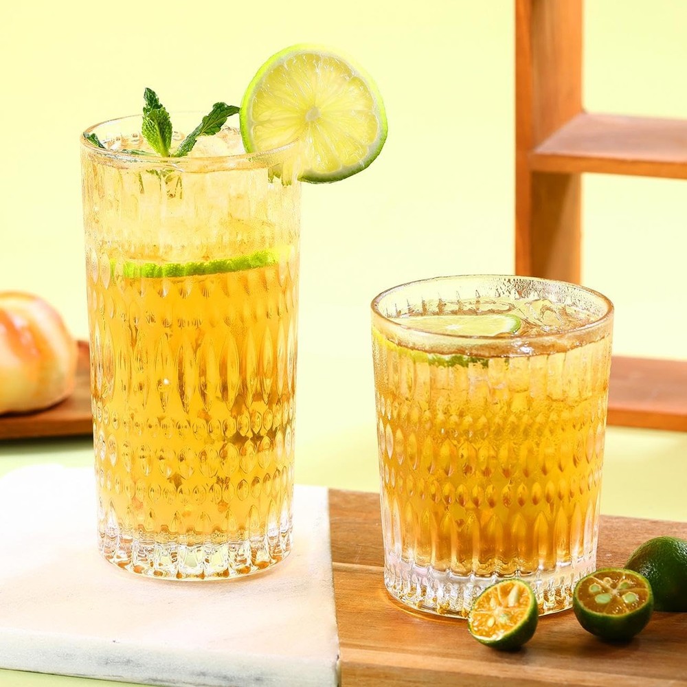 8-Piece Glassware Set - 14 oz Highball & 10 oz Ribbed Drinking Glasses