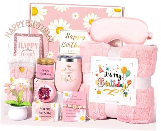 Pink Birthday Gift Basket for Women - 12pc Set  