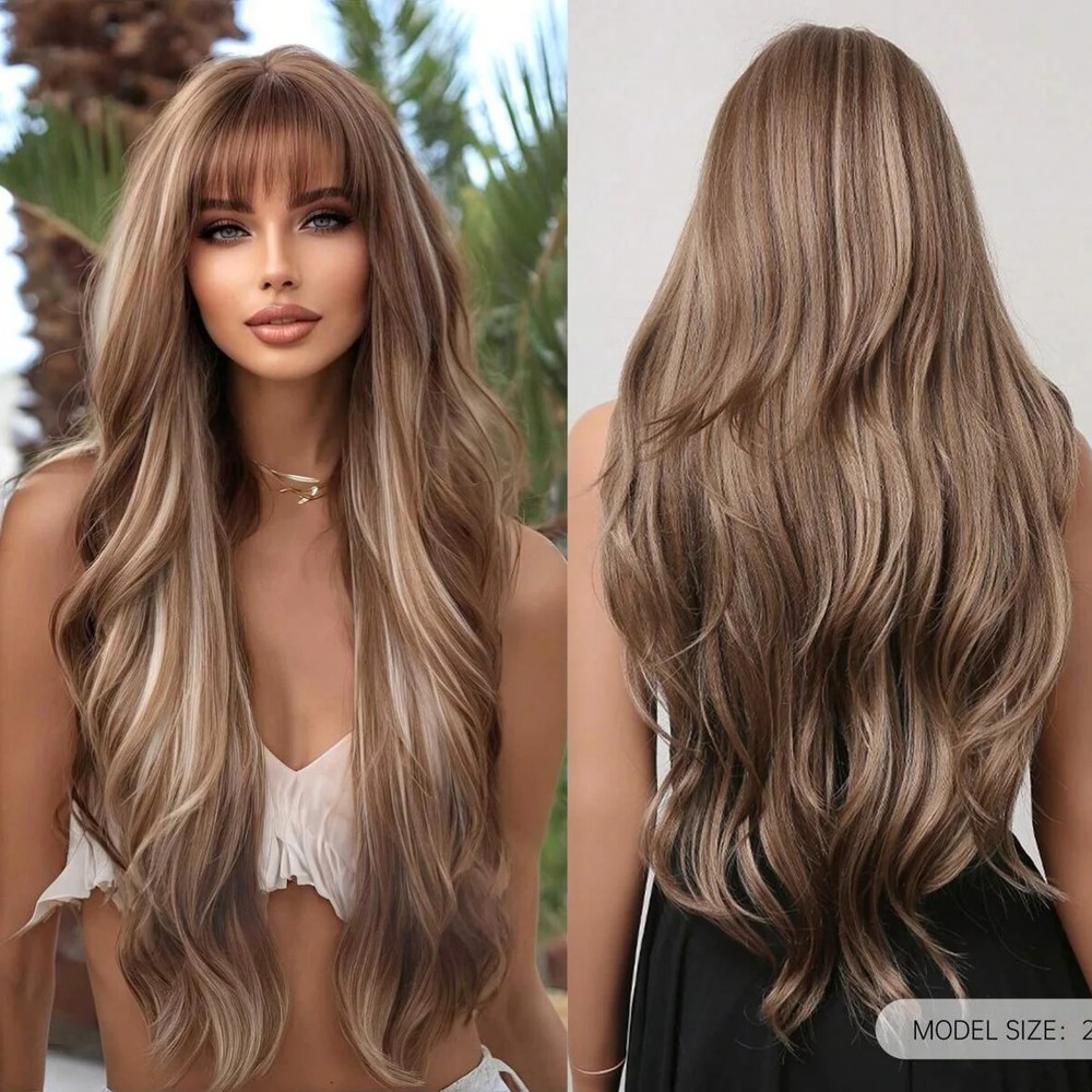 28-Inch Ombre Brown to Blonde Curly Synthetic Wig with Bangs