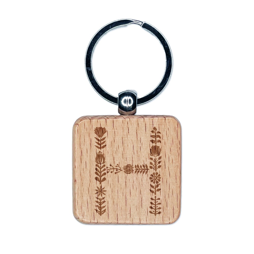 Elegant Floral Letter H Wooden Square Keychain Charm