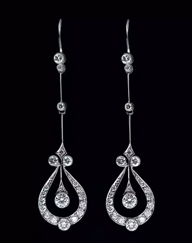 Unique Long Drop Dangle Earrings 10K White Gold 2.4 Ct Round Lab Created Diamond