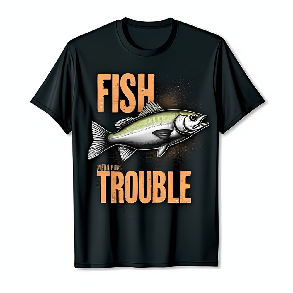 Funny T-Shirt Black FISH TROUBLE Design with Fish Graphic & Splatter