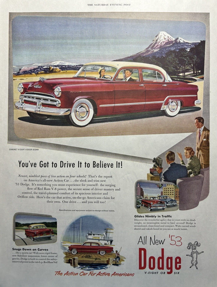 1953 Dodge Coronet V-8 4 Door Sedan Automobile Drive It Believe VTG Print Ad