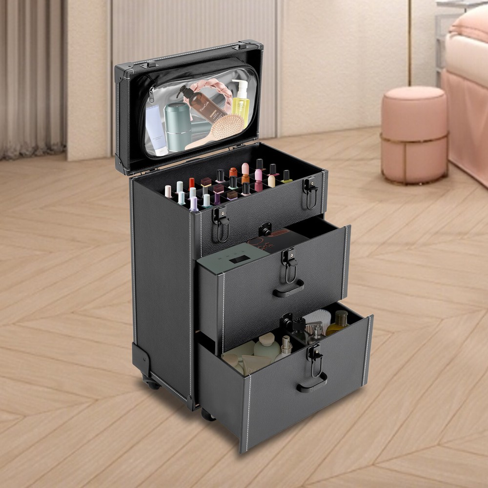 Rolling Train Case Aluminum Trolley Storage Cosmetic Organizer Box w/Drawer