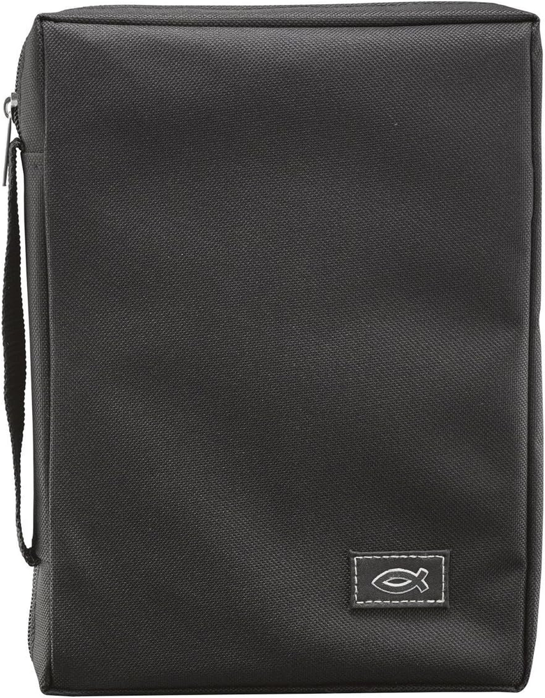 Bible Cover with Zipper, Jesus Fish Design, Black Canvas, Medium Size