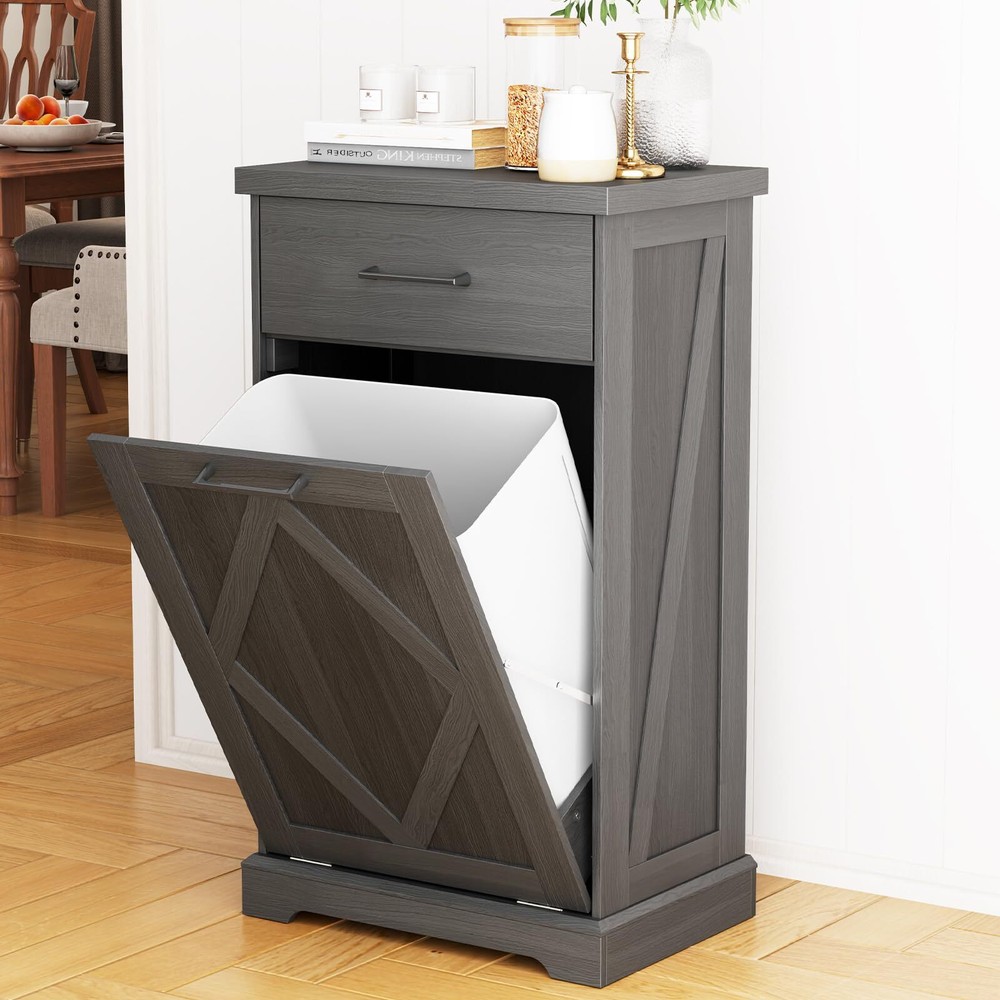 Wood Trash Cabinet, Upgrade Wooden Free Standing Trash Cabinet,Recycling Cabi...