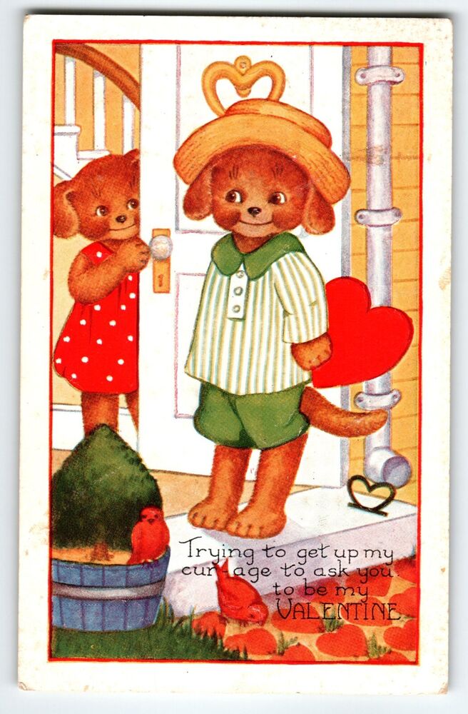 Dressed Dogs Valentine Postcard Whitney Fantasy Anthropomorphic Embossed Hearts