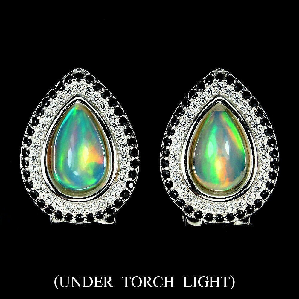 Silver Earrings White Opal Black Spinel Genuine Mined Gems Solid Sterling