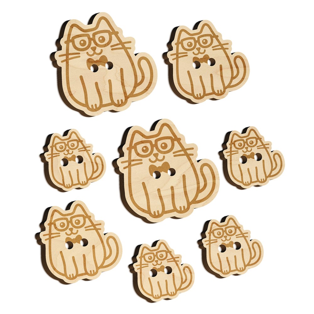 Cat Smart with Glasses and Bowtie Wood Buttons for Sewing Knitting Crochet Craft