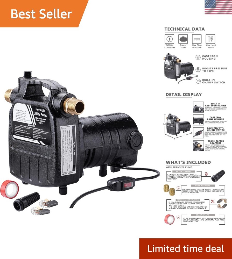 115Volt 1/2HP 1500 GPH Upgraded Heavy Duty High Pressure Cast Iron Casing Wat...