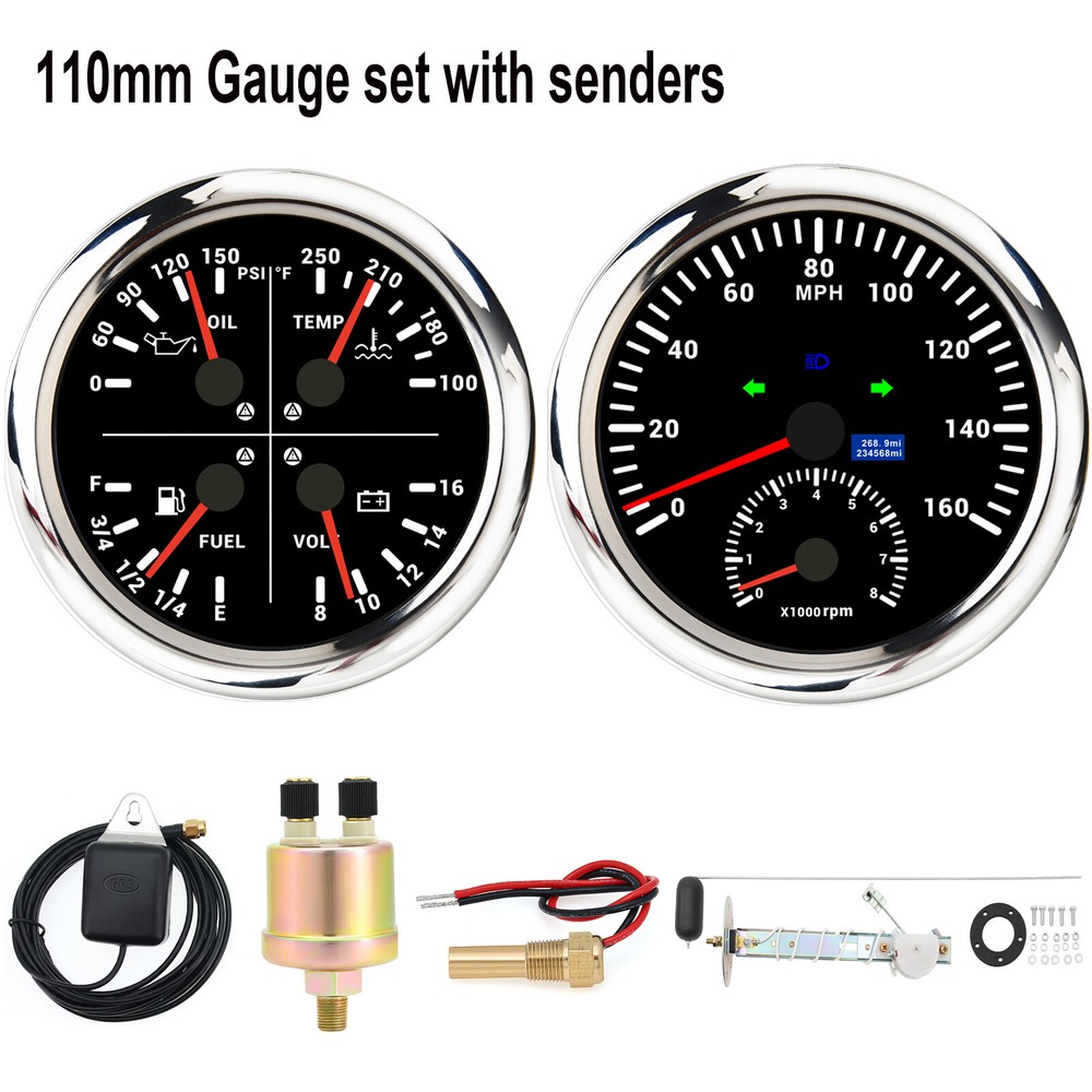 2 Gauge Set 110mm GPS Speedometer 160MPH with Tachometer & 4-in-1 Gauge with Senders