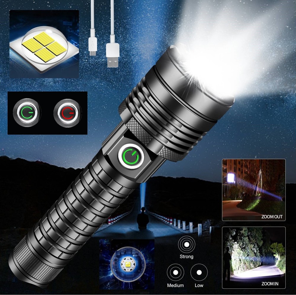 1000000LM Super Bright USB Rechargeable LED Flashlight with XHP60 Zoom and 3 Modes  