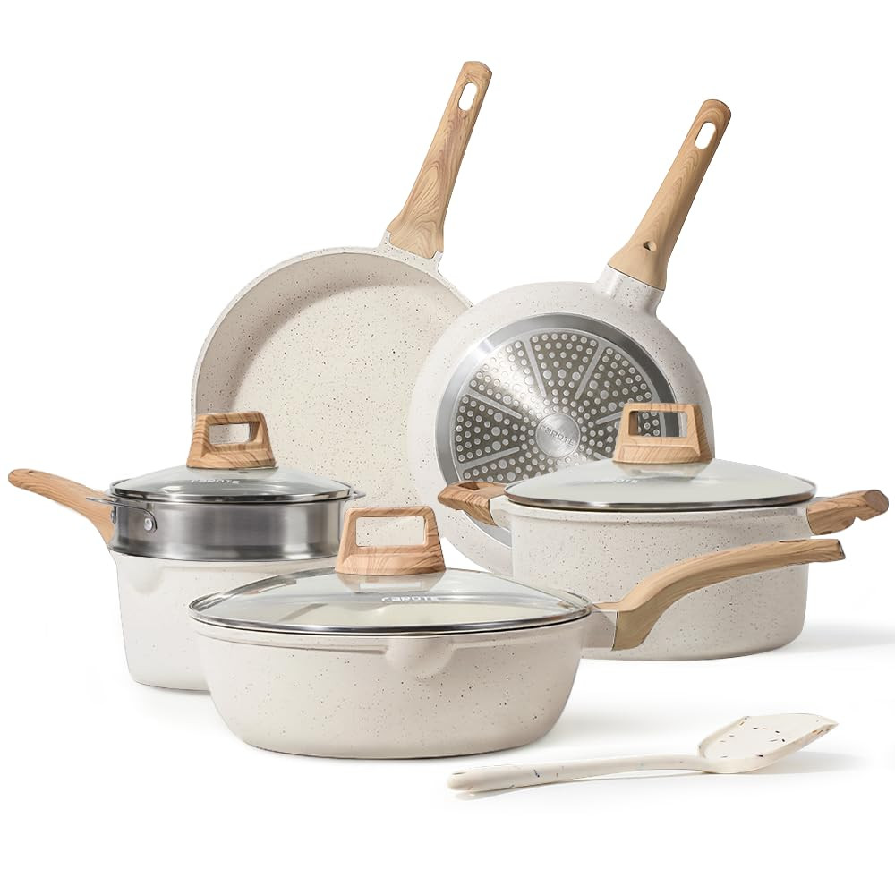 White Granite Nonstick Induction Cookware Set with 10 Pots and Pans