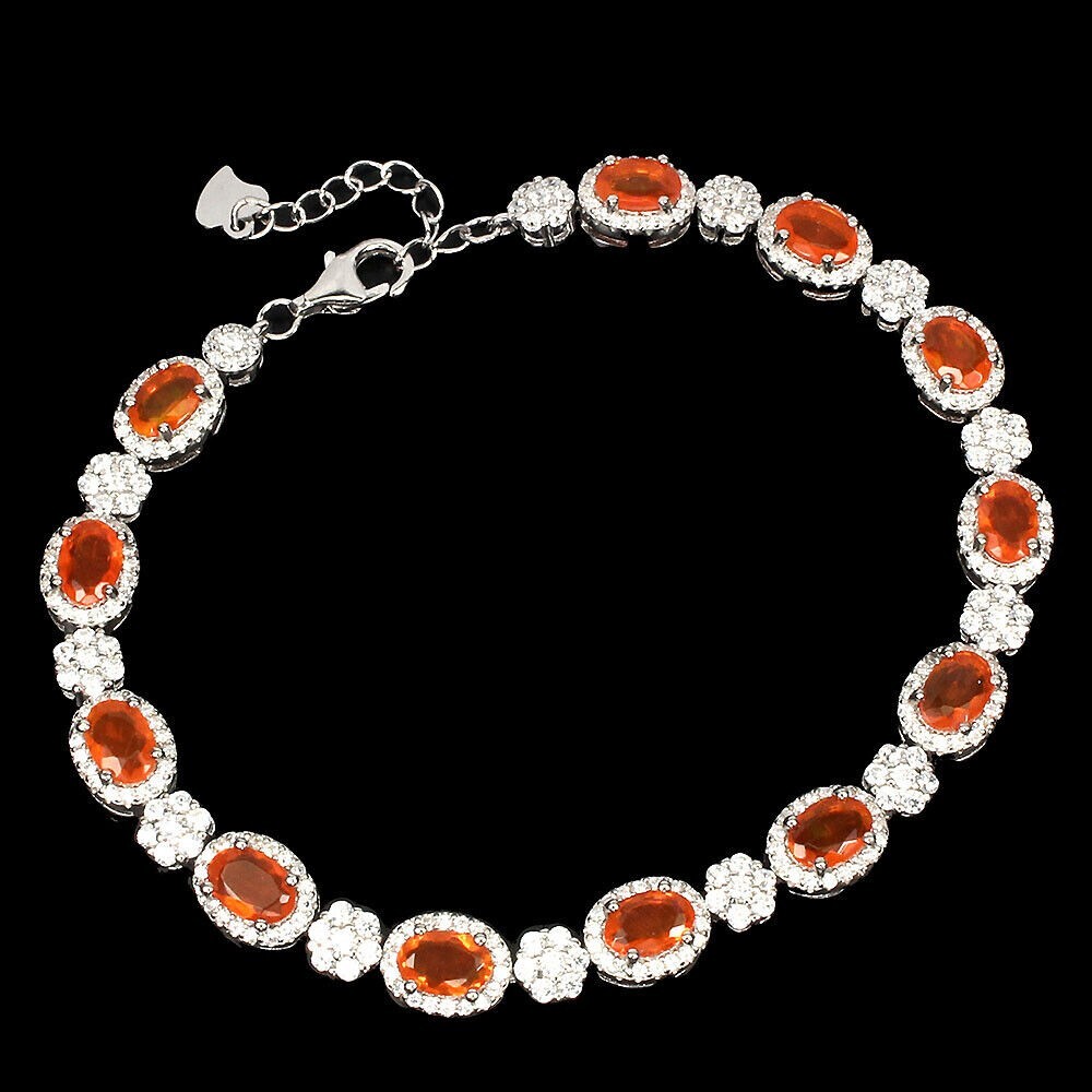 Silver Bracelet Orange Fire Opal Genuine Mined Gems Sterling 7 to 8 Inch