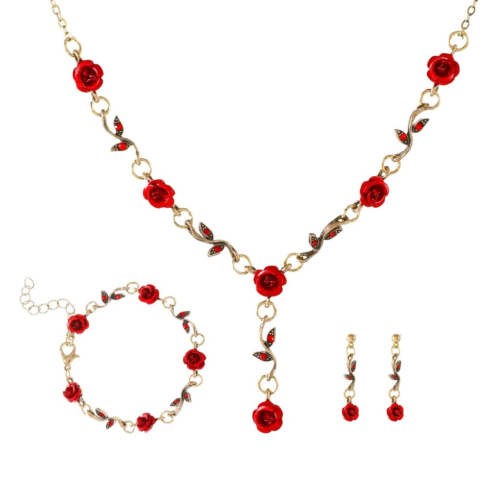 Red Rose Necklace Earrings Bracelet Set for Women with Rose Pendant
