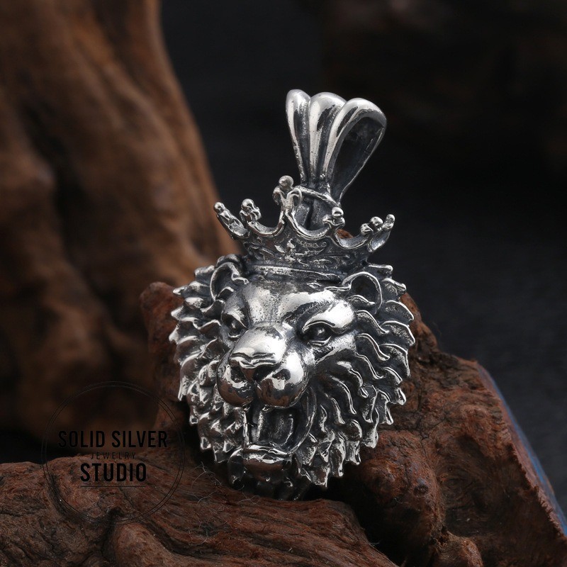 Heavy 925 Silver Crown Lion Head Pendant Mens Biker Gothic King Statement NEW