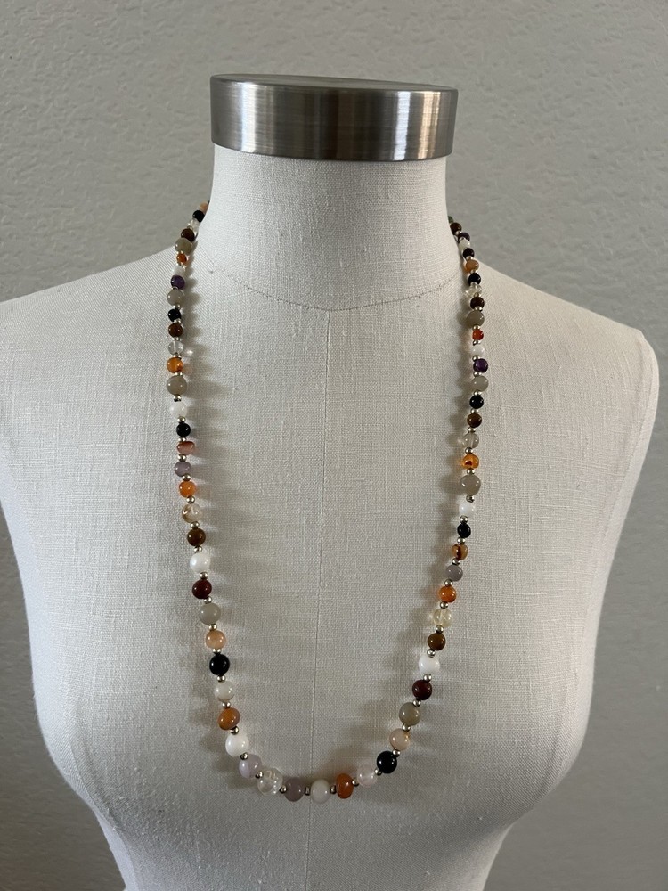 Vintage long beaded quartz agate semi-precious stone necklace