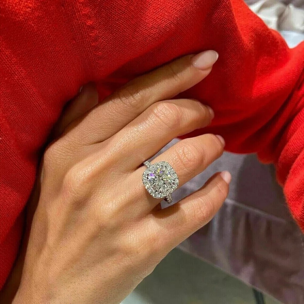 3Ct Cushion Cut VVS1 Lab Created Diamond Halo Engagement 14K White Gold FN Ring