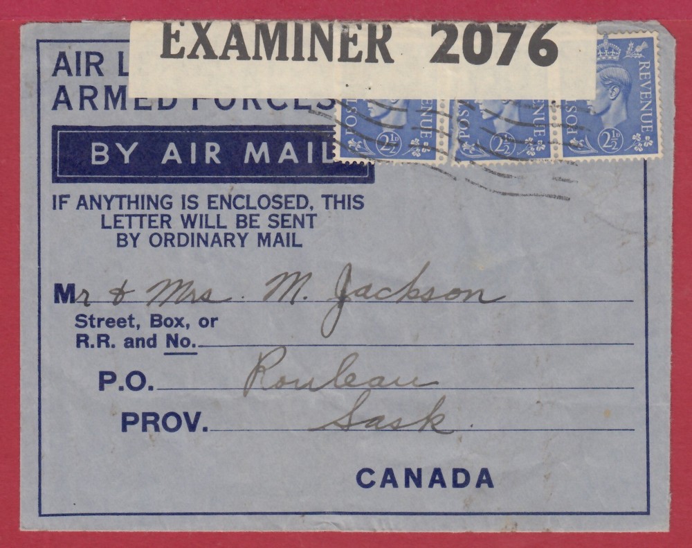 CENSORED COVER/LETTER TO ROULEAU, SK FM 415 SQN RCAF (COASTAL COMMAND RAF) #274