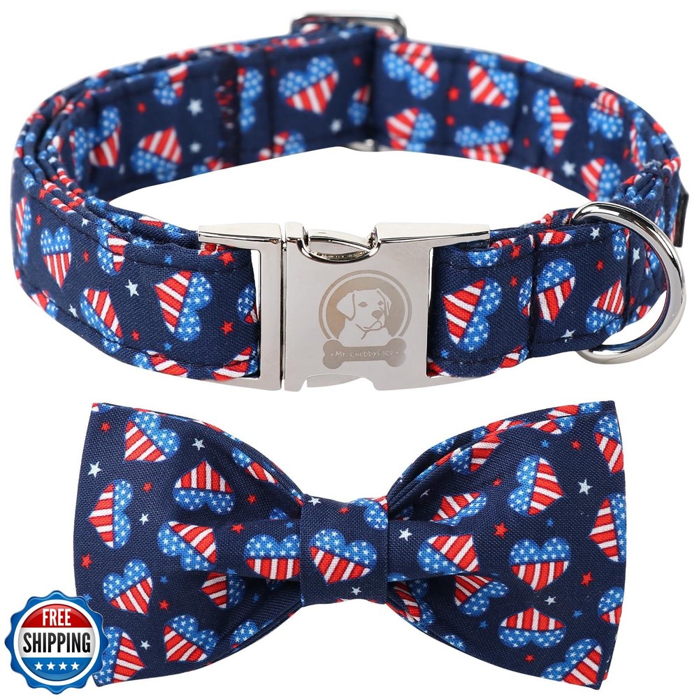 MR CHUBBYFACE Heart Flag Dog Collar with Bow Tie Cute Brown Pet Collar